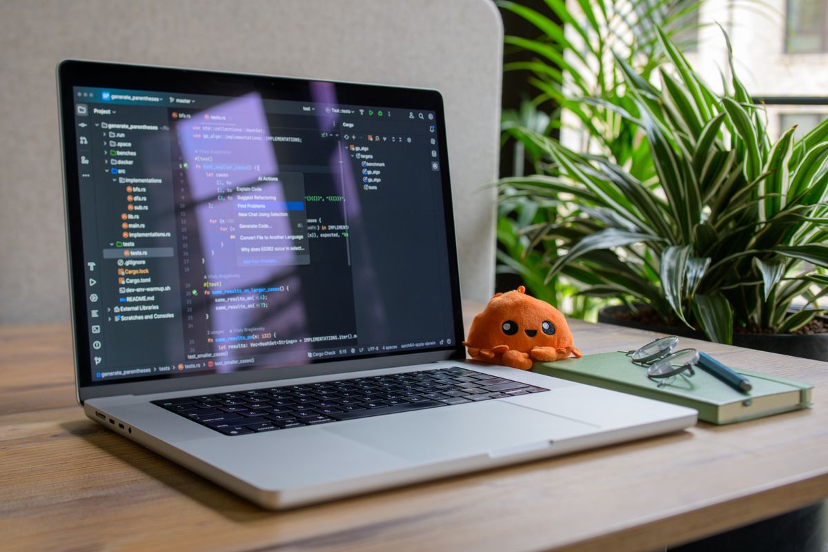 Laptop with coding interface, plant, and toy for a cozy workspace vibe.
